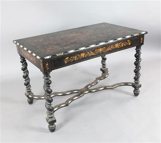 A mid 19th century Dutch marquetry, ebony and bone centre table, W.3ft 11.5in. D.2ft 4in. H.2ft 6in.